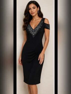 Cache Black Cold-Shoulder Midi Dress with Rhinestone V-Detail